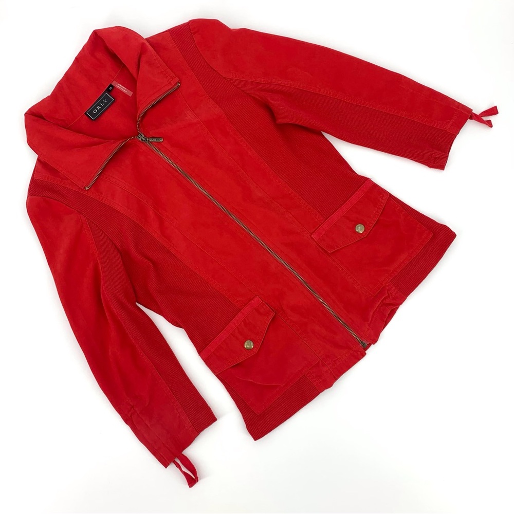 Orly Red Nylon with Ribbed Sides 3/4 Ruched Sleeves Zipper Front Jacket, 10